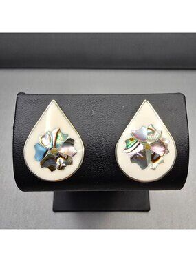 Vintage Alpaca Silver Abalone Enamel Drop Stud Earrings 1" Mexican